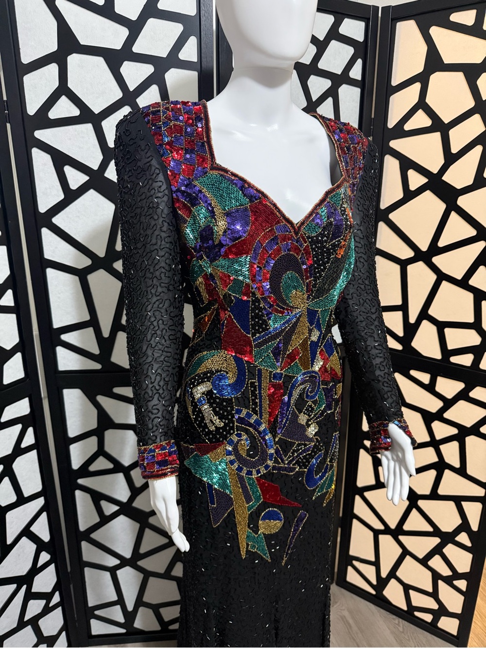 Vintage 1980s hand-beaded/sequined gown - Black Tie by HE-RO Industries Inc - 14
